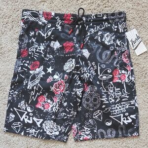 Fresh Prints Of Bel-Air Black and Red Graphic Shorts